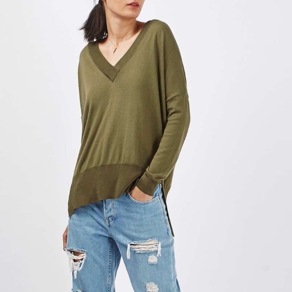 Topshop Sweaters - Topshop Green Trim Long Line V Neck Jumper!